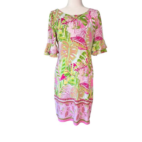 Pappagallo Erika Flutter Sleeve Tropical Mini Dress Size‎ SMALL Pink Green - Picture 2 of 10